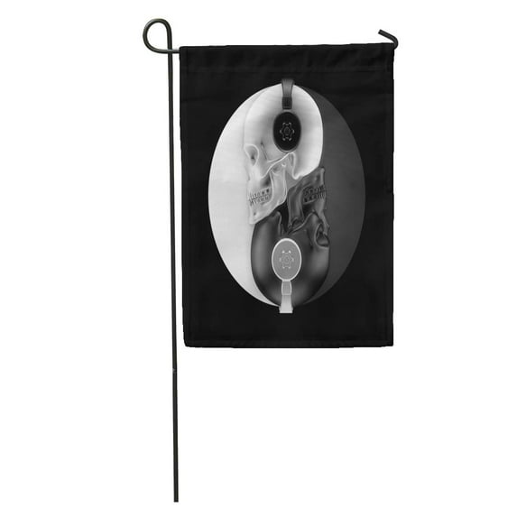 LADDKE Unity Headphone Skulls Harmony 3D of Black and White Headphones Forming Yin Yang Symbol Zen Garden Flag Decorative Flag House Banner 12x18 inch