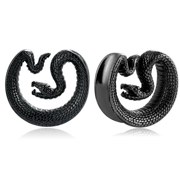 LADEMAYH 2pcs Surgical Steel 316L Ear Plugs Tunnels Gauges, Snake Design Saddle Shape Gauges for Ears, Hypoallergenic Body Piercing Jewelry for Gothic/Punk Styles (Black, 08mm=0g)
