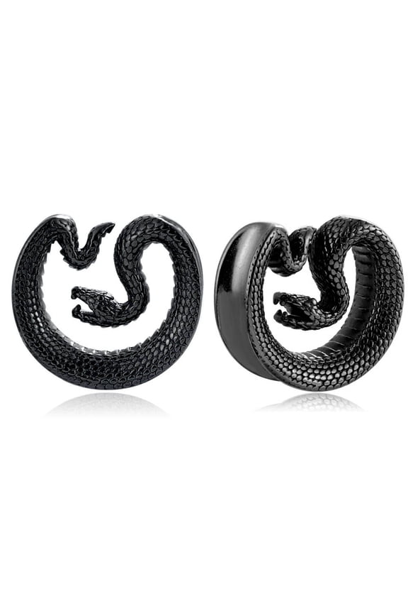 2pcs Surgical Steel 316L Ear Plugs Tunnels Gauges, Snake Design Saddle Shape Gauges for Ears, Hypoallergenic Body Piercing Jewelry for Gothic/Punk Styles (Black, 08mm=0g)