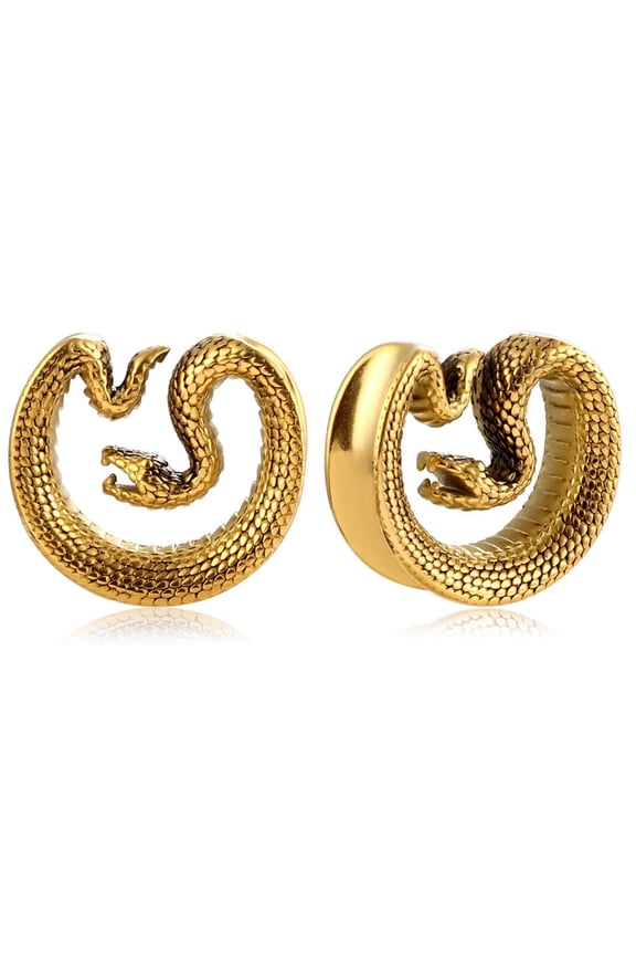 2pcs Surgical Steel 316L Ear Plugs Tunnels Gauges, Snake Design Saddle Shape Gauges for Ears, Hypoallergenic Body Piercing Jewelry for Gothic/Punk Styles (Gold, 25mm=1")