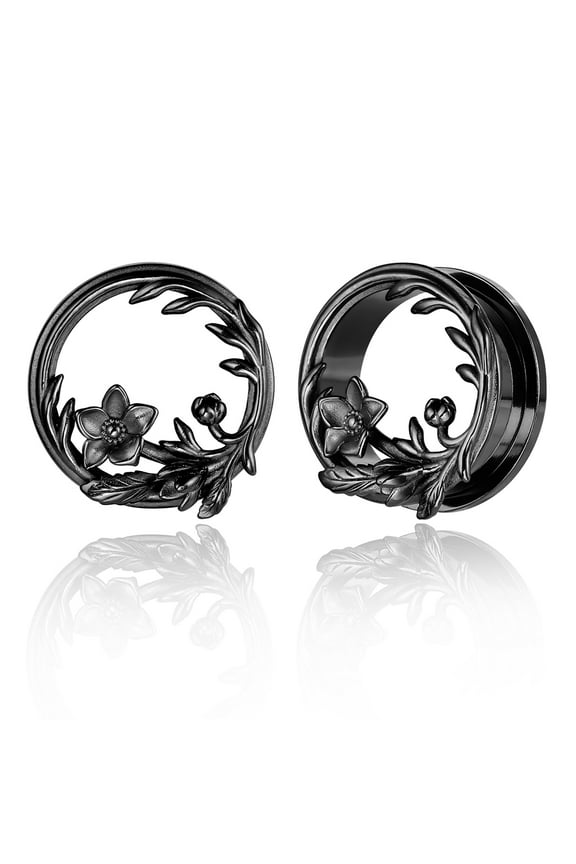 Cute Flower Design Ear Plugs Tunnels Gauges for Women, Hypoallergenic Surgical 316L Stainless Steel Ear Expanders Body Jewelry (2pcs Black, 10mm=00g)