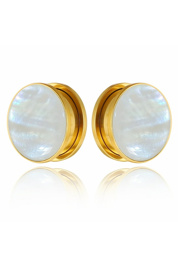 Elegant White Pearl Ear Plugs Tunnels Gauges, Classy Surgical 316L Stainless Steel Ear Expanders for Stretched Ears, Hypoallergenic Body Jewelry for Men & Women (2pcs Gold, 10mm=00g)