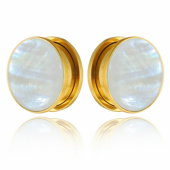 LADEMAYH Elegant White Pearl Ear Plugs Tunnels Gauges, Classy Surgical 316L Stainless Steel Ear Expanders for Stretched Ears, Hypoallergenic Body Jewelry for Men & Women (2pcs Gold, 16mm=5/8")