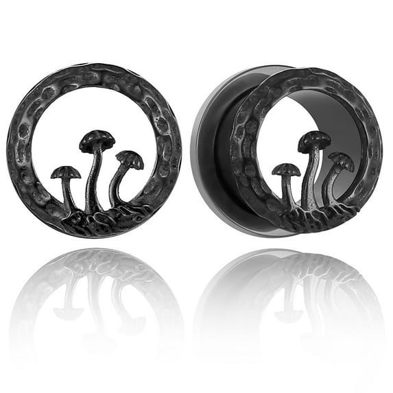 LADEMAYH Mushroom Design Ear Plugs Tunnels Gauges for Stretched Ears, Hypoallergenic Surgical 316L Stainless Steel Ear Expanders Body Jewelry for Men & Women (2pcs Black, 08mm=0g)