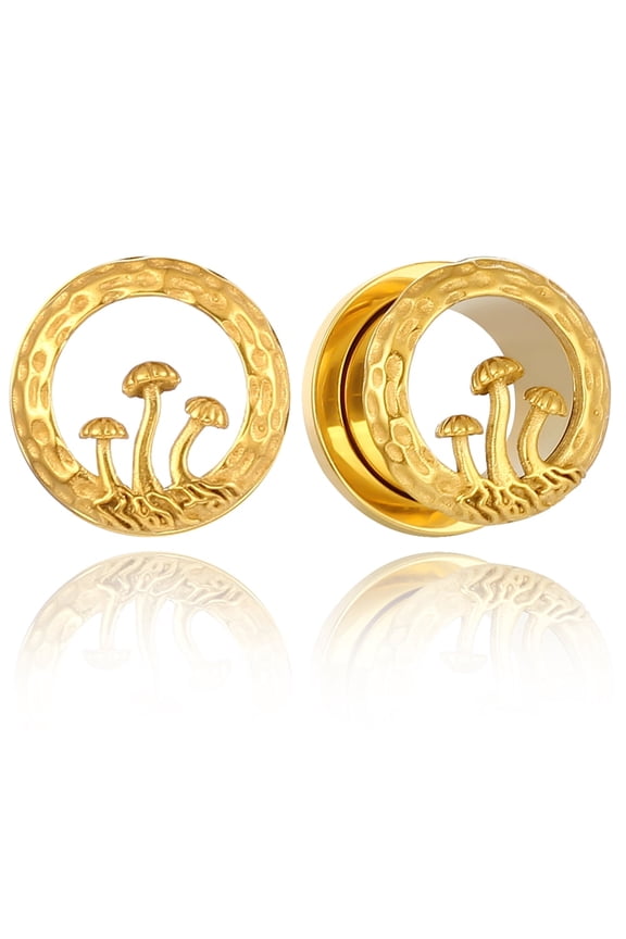 Mushroom Design Ear Plugs Tunnels Gauges for Stretched Ears, Hypoallergenic Surgical 316L Stainless Steel Ear Expanders Body Jewelry for Men & Women (2pcs Gold, 08mm=0g)