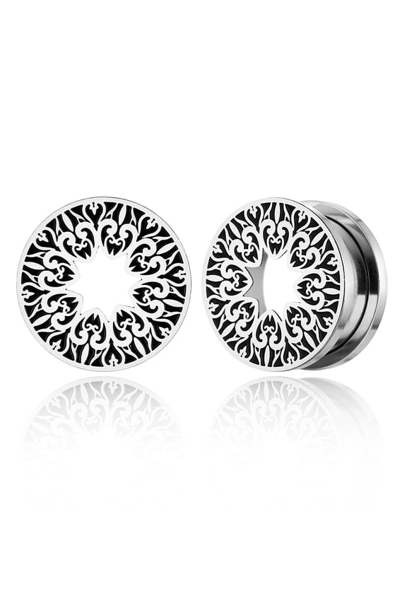 Vintage Floral Design Ear Plugs Tunnels Gauges for Stretched Ears, Hypoallergenic Surgical 316L Stainless Steel Ear Expanders Body Jewelry for Men & Women (2pcs Silver, 10mm=00g)