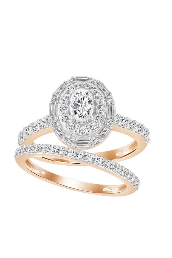 Bellano Women's Bridal Set 1.25Ct Round/Baguette Diamond 14K Rose Gold (Center Stone 0.33Ct Oval Diamond)