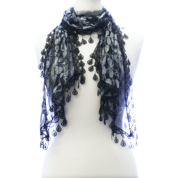 LADIES LEAF PATTERN LACE LONG TRAPEZOID SCARF WITH DROP TASSEL FRINGE - BLACK WITH BLACK LEAVES