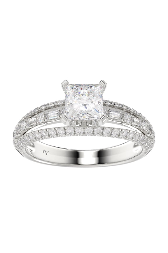 Bellano Women's Semi Mount Ring 0.50CT Round/Princess/Baguette Diamond 14K White Gold (SI Quality) (Center Stone 1.00CT Princess Diamond)