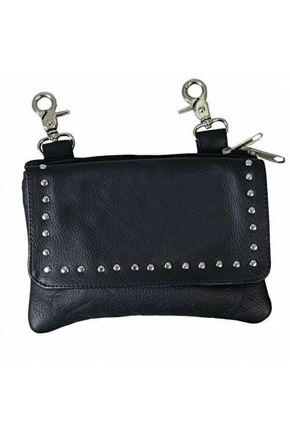LADIES Soft Cowhide Genuine Leather CLIP POUCH PURSE, w/ Studs, Strap, Lobster Claw Clips - BLACK