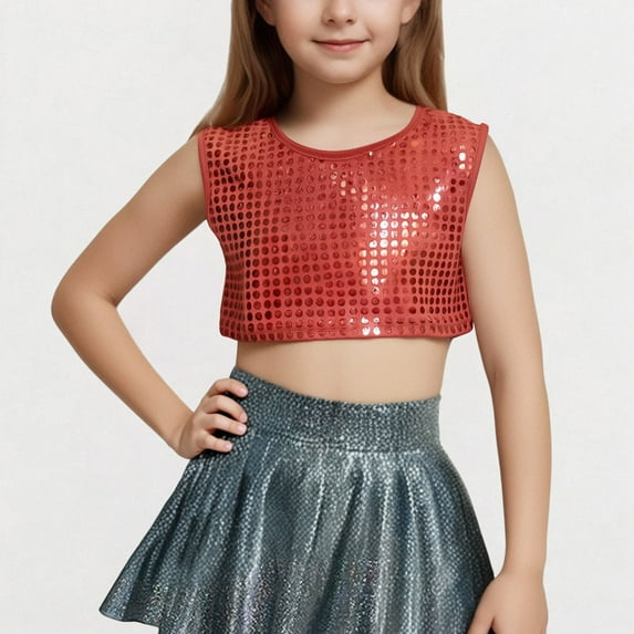 LADIGASU Children's Performance Outfit Sequined Short Sleeved T-shirt With Exposed Waist And Navel Round Neck Elastic Top