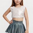 thumbnail image 1 of LADIGASU Children's Performance Outfit Sequined Short Sleeved T-shirt With Exposed Waist And Navel Round Neck Elastic Top, 1 of 4