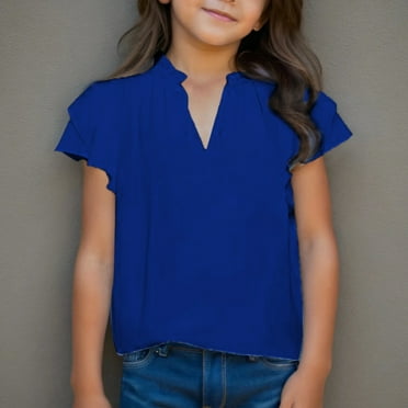 LADIGASU Clearance Girls Ruffle Short Sleeve T Shirts Casual V Neck Chiffon Blouse Cute Summer Top 5-14Y