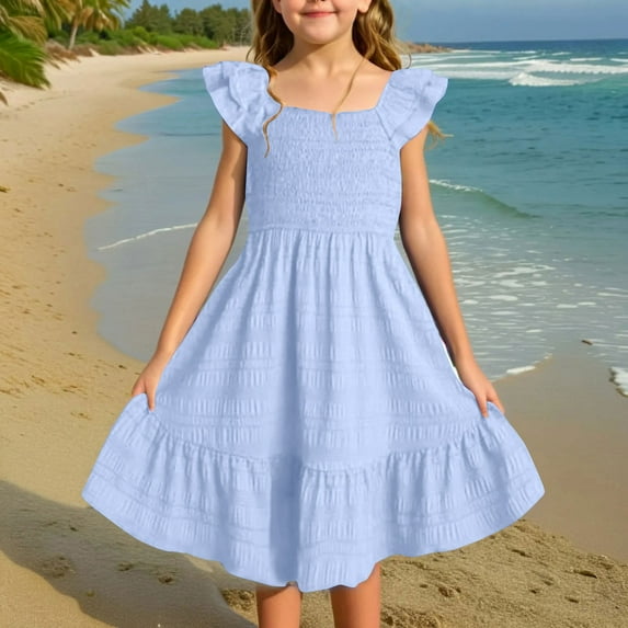 LADIGASU Girls Summer Dresses Cute Double Layer Ruffle Sleeve Smocked Flowy Dress