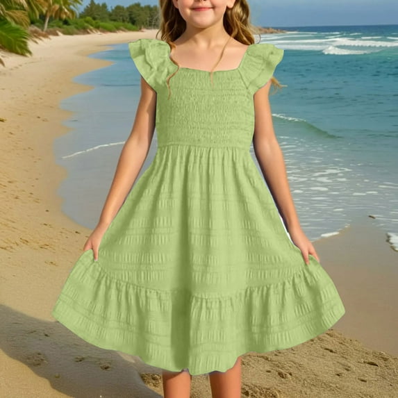 LADIGASU Girls Summer Dresses Cute Double Layer Ruffle Sleeve Smocked Flowy Dress