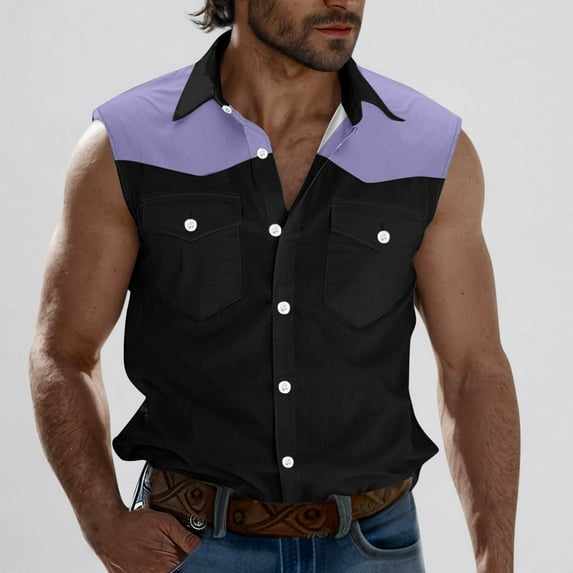 LADIGASU Men Casual Fashion Patchwork Turndown Collar Sleeveless Pockets Sports Tank