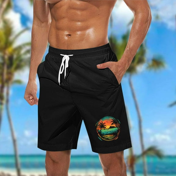LADIGASU Men Casual Fashion Print Shorts With Pockets Elastic Waist Beach Pants
