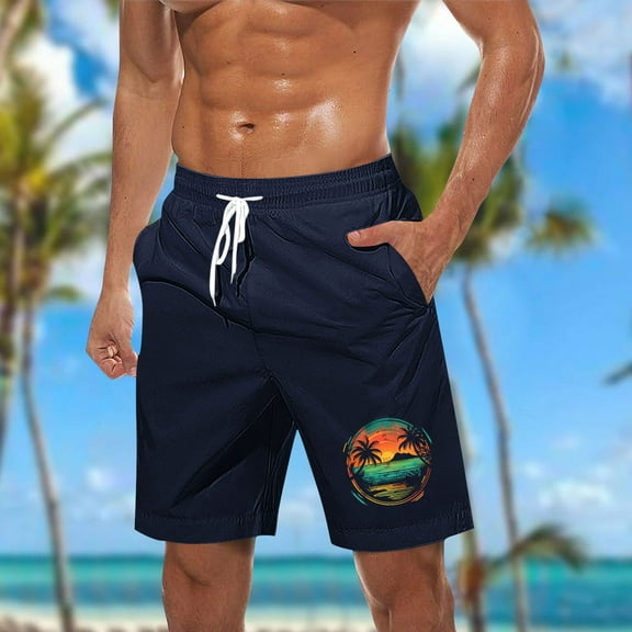 LADIGASU Men Casual Fashion Print Shorts With Pockets Elastic Waist Beach Pants