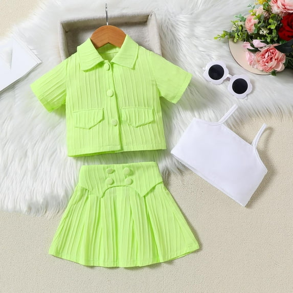 LADIGASU Summer Girls Short Sleeve Jacket White Short Suspenders + Pleated Short Skirt Solid Color Three-piece Set