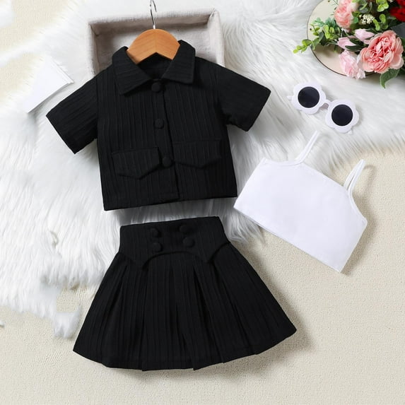 LADIGASU Summer Girls Short Sleeve Jacket White Short Suspenders + Pleated Short Skirt Solid Color Three-piece Set