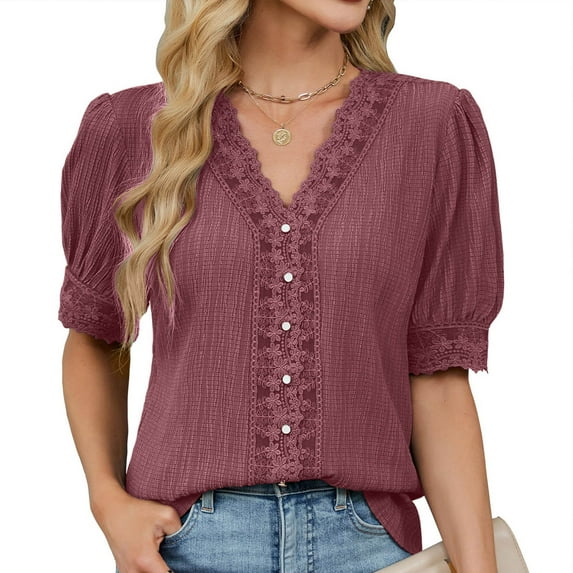 LADIGASU Women Casual Boho Top Short Sleeve Summer Round Neck Loose Shirts Lace Casual Solid Blouses