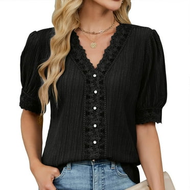 LADIGASU Clearance Women Casual Boho Top Short Sleeve Summer Round Neck Loose Shirts Lace Casual Solid Blouses