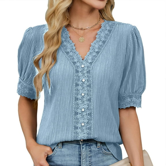 LADIGASU Women Casual Boho Top Short Sleeve Summer Round Neck Loose Shirts Lace Casual Solid Blouses