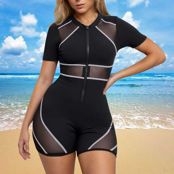 LADIGASU Women's New Fashion Splicing Swimsuit Sexy Casual Bikini Piece Short Sleeve Zipper Stand Up Collar Surfing Swimsuit