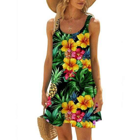 LADIGASU Women's Round Neck Sleeveless Gradient Tie Dyed Beach Dress