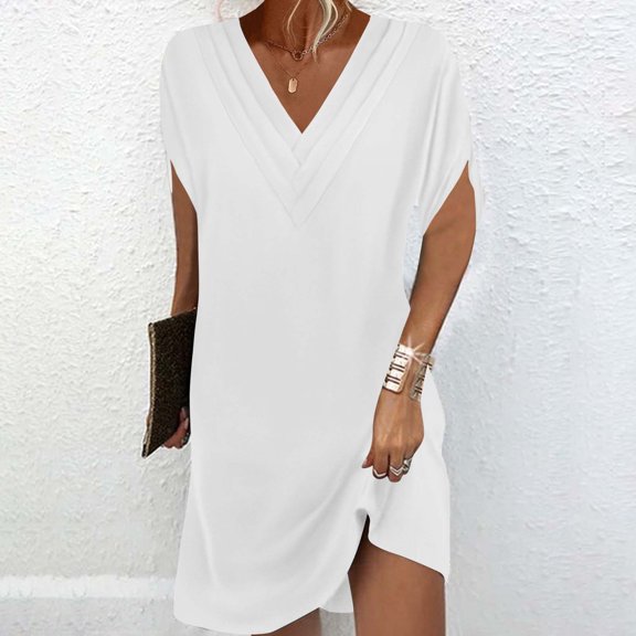 LADIGASU Women's Solid Color Short Sleeved V-neck Pleated Batball Sleeve Dress