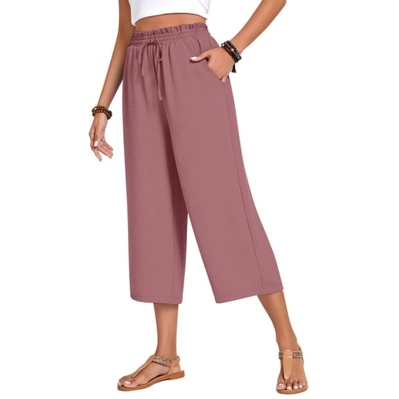 LADIGASU Womens Summer Fashion Solid Casual Elastic Waist Wide Leg Pants