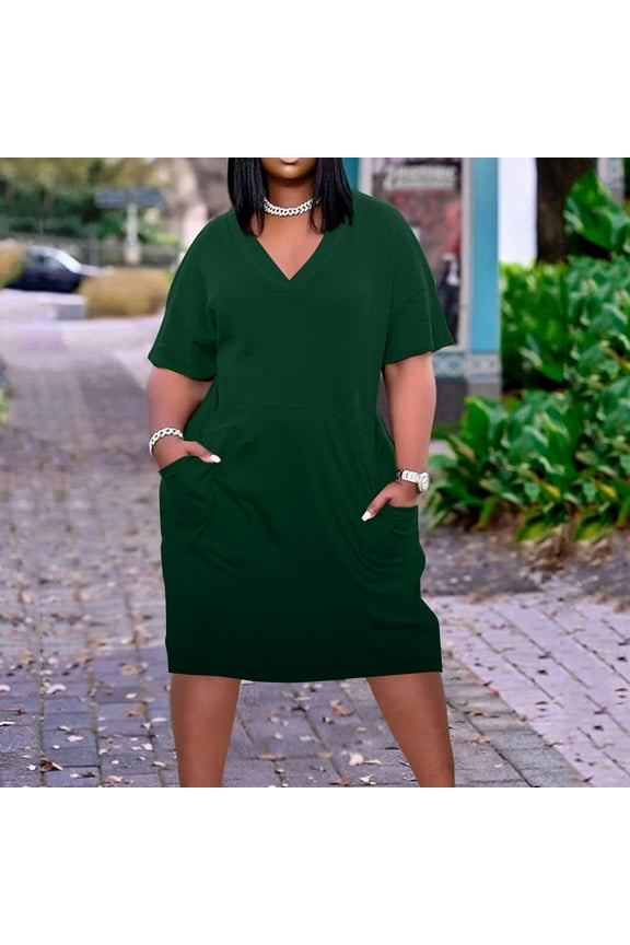 Up to 60% Off Plus Size Dress For Women V Neck Summer Casual Sundresses Pocket Knee Short Sleeve With Pockets Mothers Day Fashion Gifts