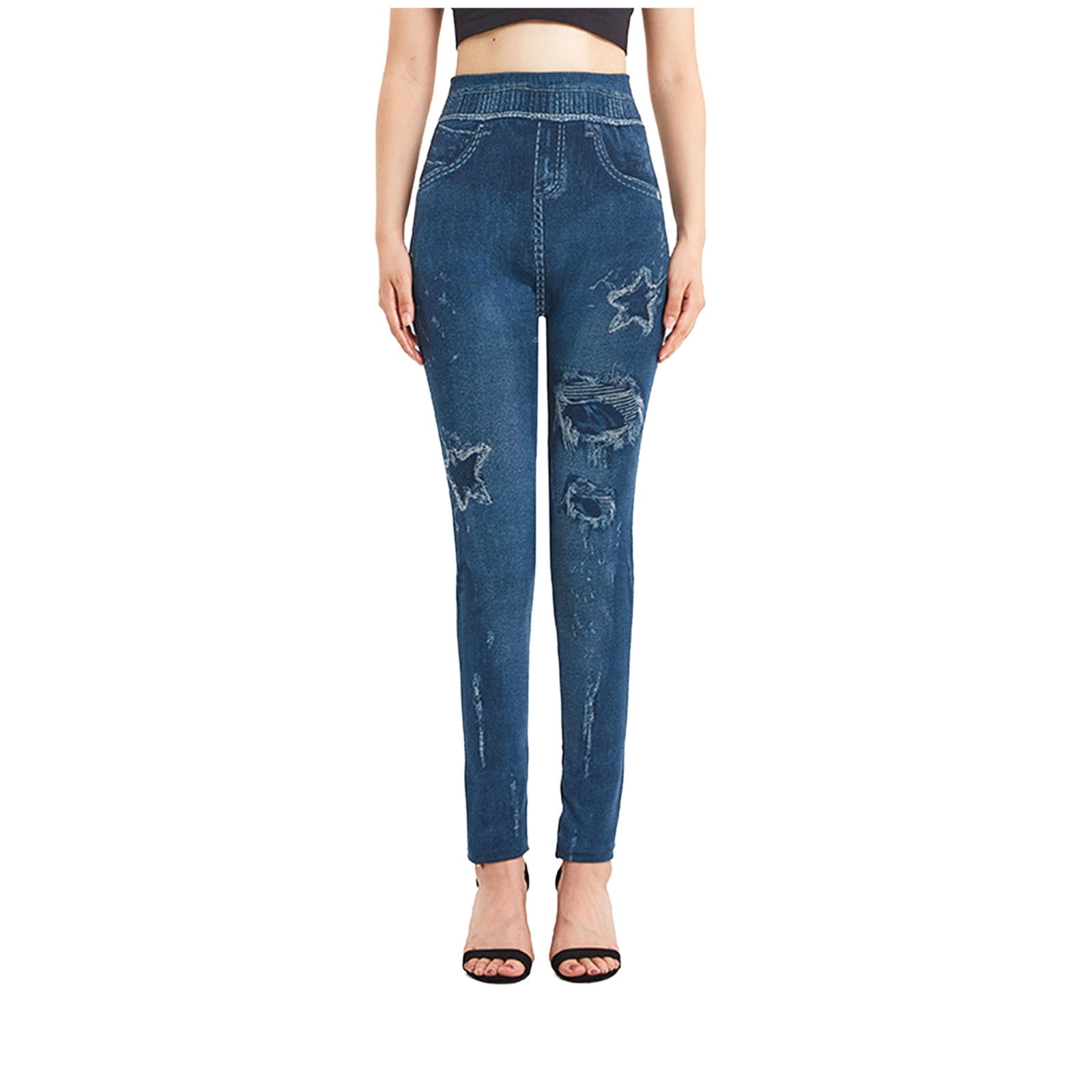 LADIGASU Women's Pants Women's Fashion Elastic Imitation Denim Print