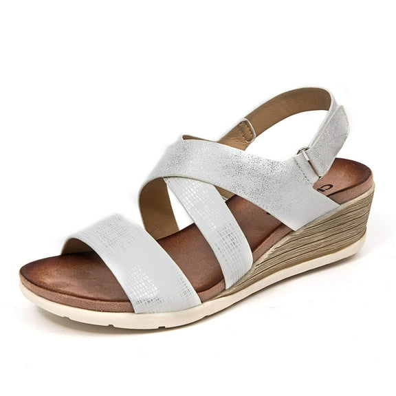 LADY COUTURE Open toe Criss Cross slingback wedge with metallic straps, PANAMA WHITE 6