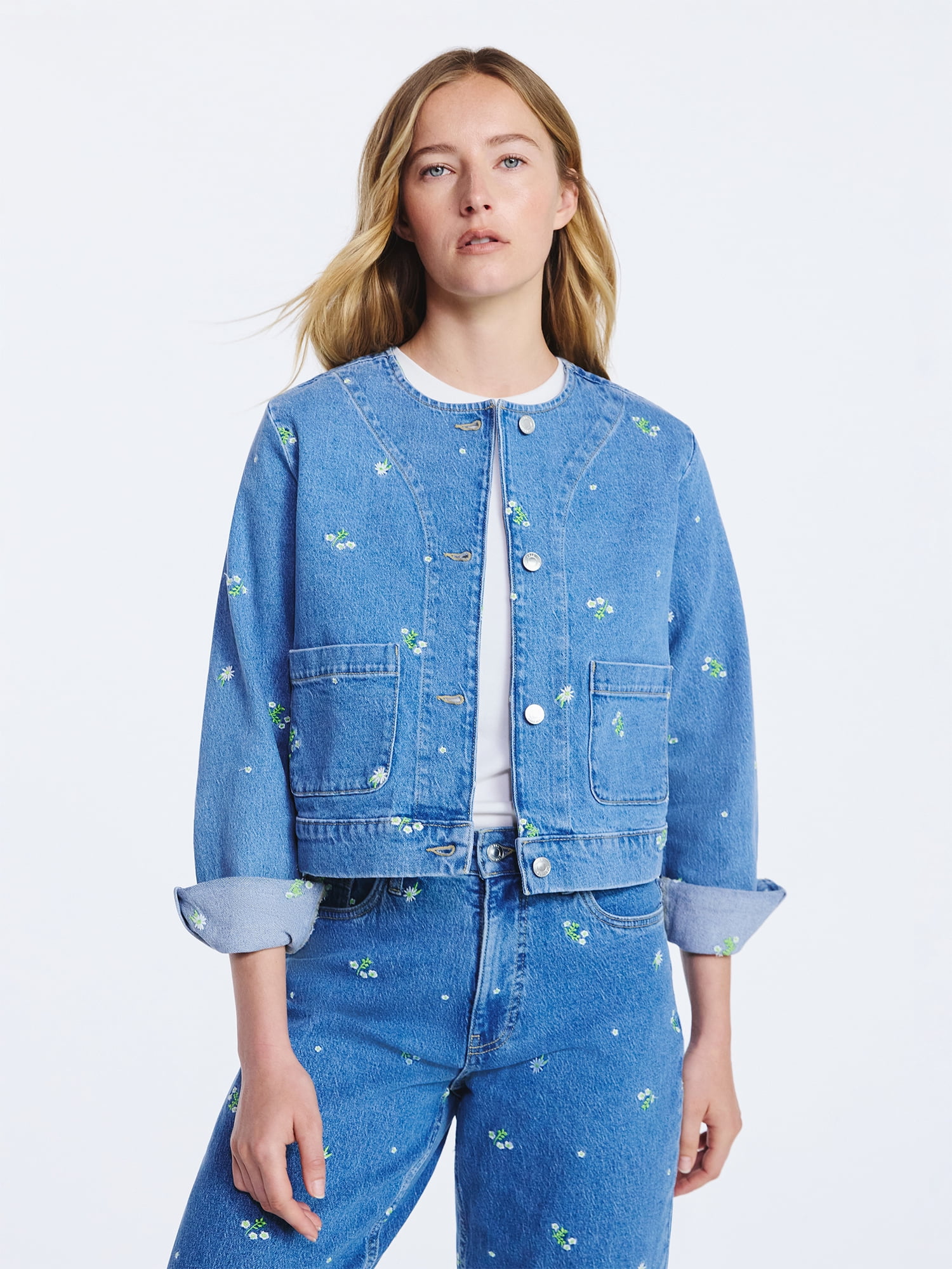Free Assembly Women's Embroidered Cropped Denim Jacket, Sizes XS-XXL