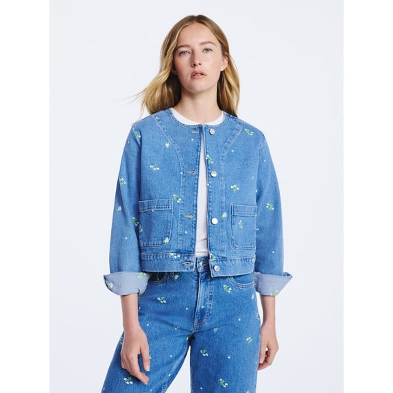 Free Assembly Women's Embroidered Cropped Denim Jacket, Sizes XS-XXL