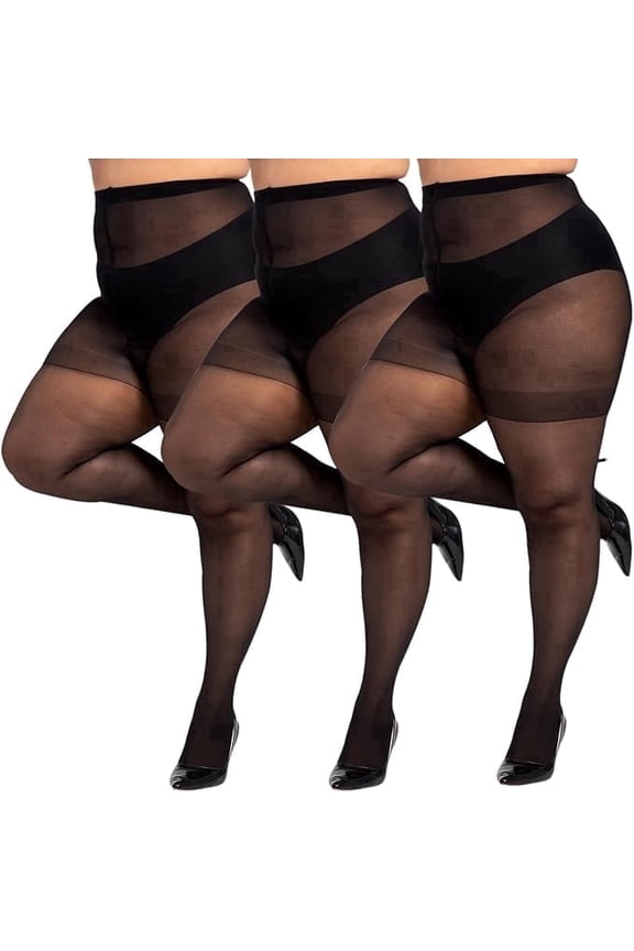 3 Pairs Plus Size Women’s Sheer Tights 20D High Waist Control Top Pantyhose with Reinforced Toes