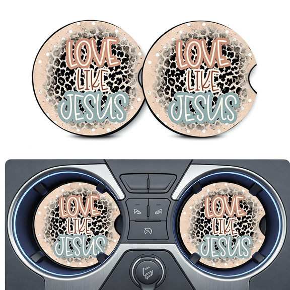 LADYGYM 2 Pcs Leopard Christian Car Coasters,2.75" Anti Slip Rubber Cup Holder Mats,Jesus Car Accessories