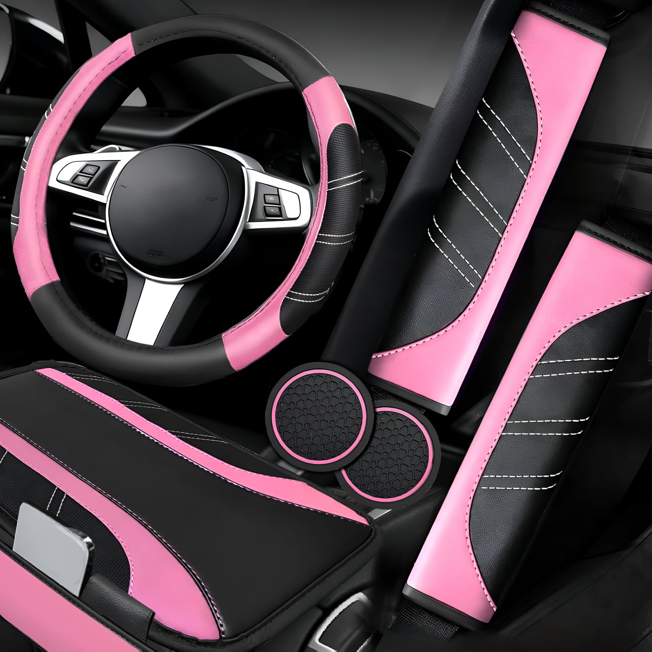 LADYGYM 2026 New 6 Pcs Pink Car Accessories Set,Sport Leather Steering Wheel Cover 14.5-15Inch Universal,Microfiber Leather Car Center Console Cover,Seat Belt Cushion,Cup Holder Coaster(Black-Pink)