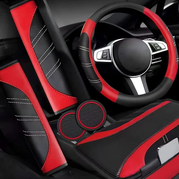LADYGYM 6 Pcs Red Car Accessories Set, Sport Leather Steering Wheel Cover 14.5-15Inch Universal, Microfiber Leather Car Center Console Cover, Seat Belt Cushion, Cup Holder Coaster (Black-Red)