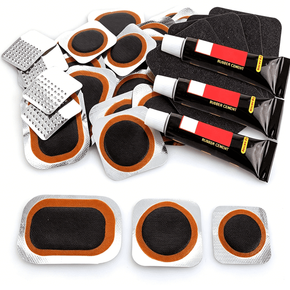 LADYGYM Bike Tire Repair Kits - Bycicle Inner Tube Puncture Patch Kit with 24PCS Vulcanizing Patches,Sandpaper,Metal Rasp,Portable Storage Box for Cycling, Motorcycle, BMX, ATVs, Inflatable Rubber