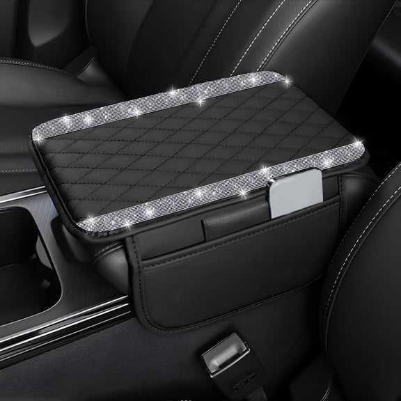 LADYGYM Car Center Console Cover with 2 Storage Bags, Leather Arm Rest Cushion Protector with Rhinestones, Universal Auto Interior Accessories for Most Vehicles (Silver)