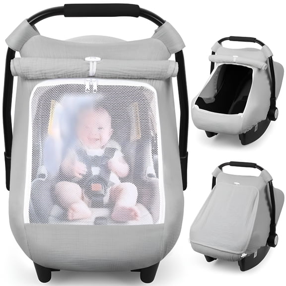 LADYGYM Car Seat Cover Baby,Carseat Covers Girl Boy,Breathable Muslin Cotton,Large Mesh Window,Infant Car Seat Canopy Baby Carrier Cover Stroller Sun Shade for Summer Day,Grey