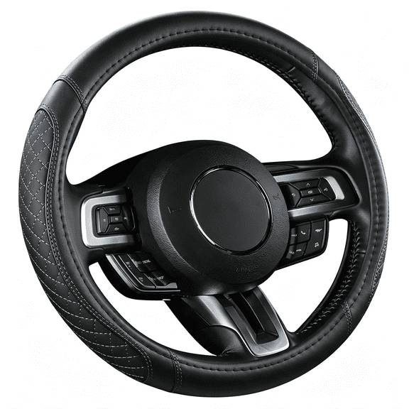 LADYGYM Car Steering Wheel Cover for Escape,Explorer,Fusion,Focus,Bronco,Transit,Edge Fusion Steering Wheel Cover Custom Fit & Quilted Grip (Diamond Quilted - Black+Blue- Standard Size)