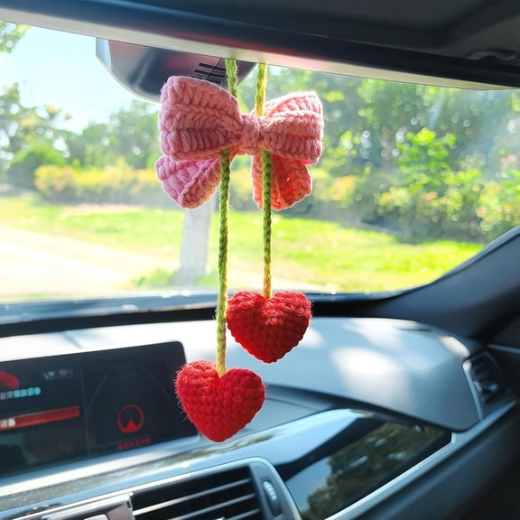 LADYGYM Cute Bowknot Love Car Mirror Hanger, Crochet Hand Knitted Rear View Mirror Accessory