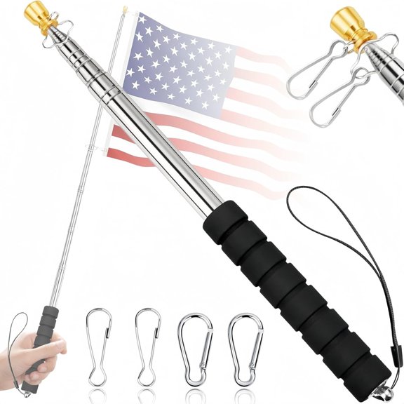 LADYGYM Handheld Flag Pole Stainless Steel,8.2Ft/2.5M Portable Extendable Flag Pole for Travel,Tour Guide,Retractable Hand Carry Flagpole with 4 Clips for 3X5 4X6 Flags Adjustable Stick(8.2Ft/2.5M)