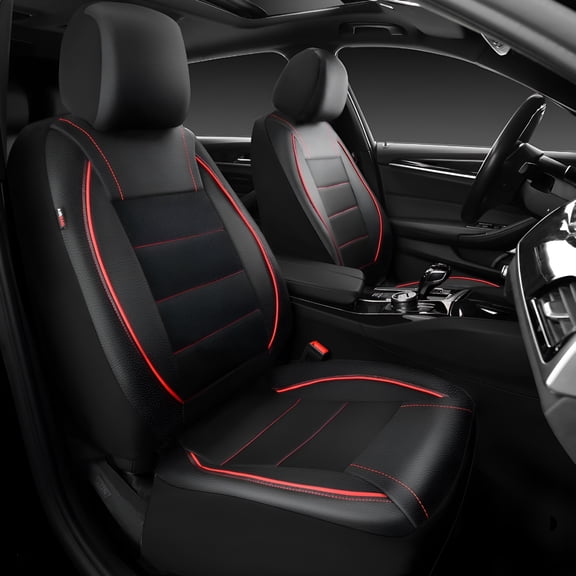 LADYGYM Piping Leather Two Front Seat Covers,Waterproof Faux Leather for Suv Sedan Van Truck,Airbag Compatible,Reserved Opening Holes for Headrest Covers (Black Red)