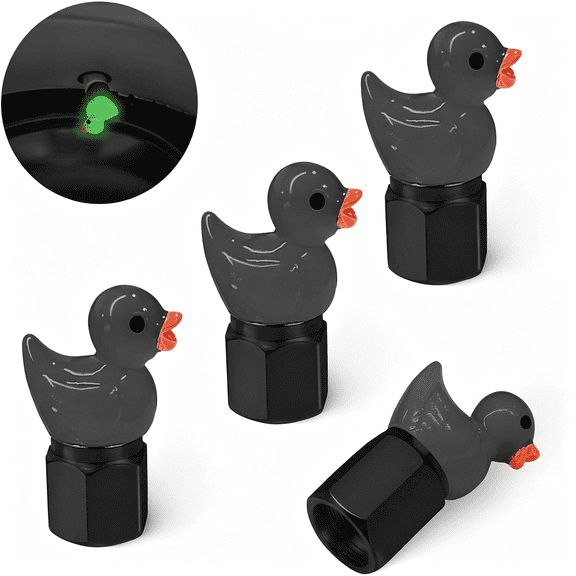 LADYGYM Tire Valve Stem Cap,4 Pcs Glow-In-The-Dark Cute Duckling Tire Valve Cap,Universal for Cars,Motorcycles,Trucks,And Bicycles (Black)