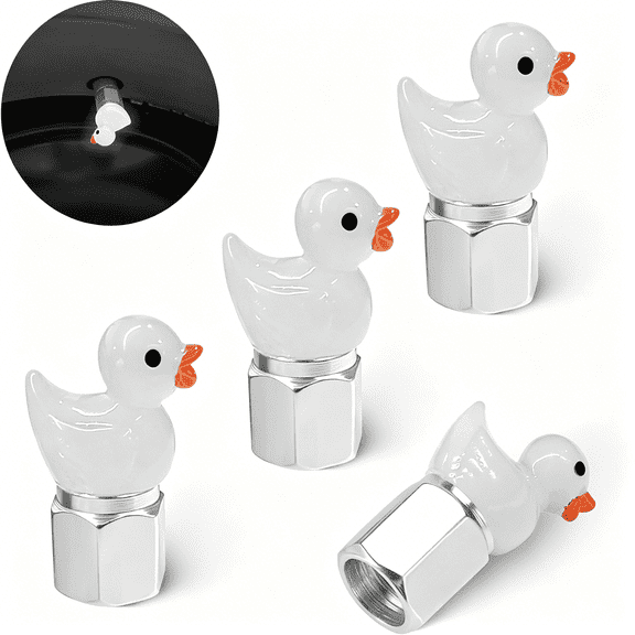 LADYGYM Tire Valve Stem Cap,4 Pcs Glow-In-The-Dark Cute Duckling Tire Valve Cap,Universal for Cars,Motorcycles,Trucks,And Bicycles (White)