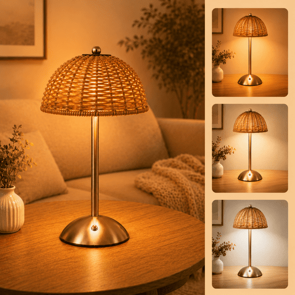 LAFAYTTE Cordless Rattan Boho Table Lamp, LED Rechargeable Dimmable Touch Control, 3 Color Temperature for Bedroom Living Room
